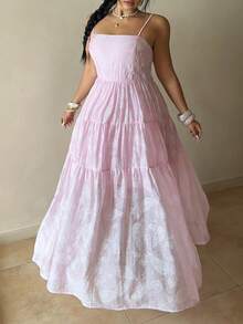 Sunnyshic Elegantes langes Damenkleid im französischen Stil mit Spaghettiträgern in großen Größen, geeignet für Strandurlaub - Pink - Übersicht 4