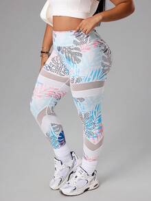 SHEIN Rhythm Era Quần legging thể thao nữ cỡ lớn in họa tiết cây nhiệt đới, cạp cao, phối lưới xuyên thấu. - Nhiều màu - Xem 5
