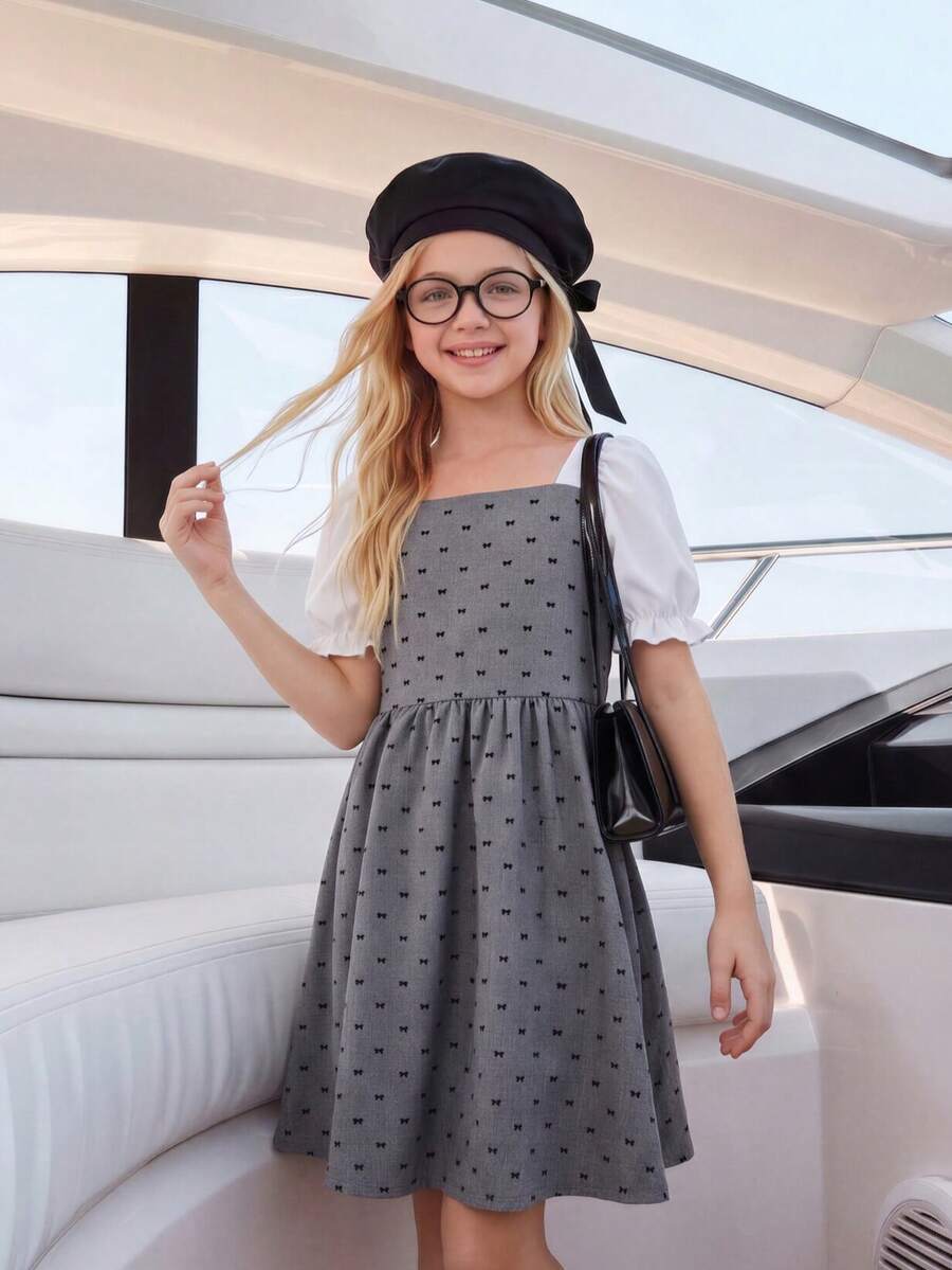 Elladie kids Tween Girls' Summer Casual Cute Fashionable Dress, Grey Puff Sleeve Woven Fabric, Short Sleeve Splicing Bow Print Dress, Suitable For Back To School - Grey - View 1