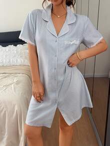 Napfluff Women's Lace Trim Striped Bow Decor Pocket Shirt Dress - Blue - View 4