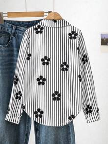 SHEIN Tween Girl Striped Lightweight Sun Protection Shirt, Spring & Summer,Holiday,Summer,Travel - Black and White - View 2