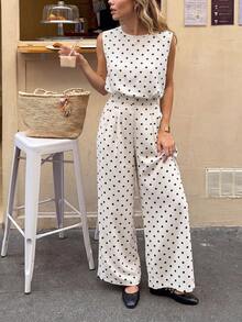 Serisse Bộ 2 món nữ áo camisole cổ tròn kiểu Pháp họa tiết chấm bi và quần ống rộng dáng suông có túi - Đen và trắng - Xem 1