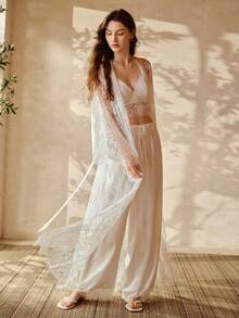 MOTF PREMIUM WOMEN'S LACE EMBROIDERED ROMANTIC LONG ROBE, SPRING/SUMMER - White - View 3