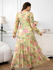 Reflora Plus Size Women's Elegant Long Floral Print Ruffle Hem Short Sleeve Casual Maxi Dress - Apricot - View 2
