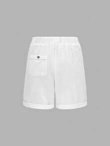 Wandoria Solid Color Drawstring Shorts With Pockets, Summer Casual Wear - White - View 2