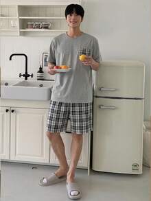 DAZY Men's Short Sleeve Patchwork Pocket Matching Shorts Pajama Set - Multicolor - View 3