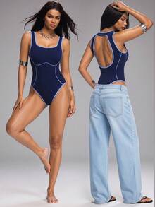 Innovista Damen-Sommer-Shapewear-Jumpsuit mit Kontrastbesatz, tiefem Rückenausschnitt, ärmellos, figurformend, blau, mit Rippstrickbund und Bauchkompression, kontrastierenden Jacquard-Linien, herausnehmbaren Polstern, formende Passform für Fitnessstudio, Yoga, Pilates, Tanz und Streetwear. ES/MX Body Sin Costuras, BR Body Fitness. Gymtok Clean Fit - Blau - Übersicht 8