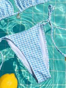 Swim Mod 春夏女款2件式海灘套裝，時尚可愛性感度假海邊泳池派對適用，紋理面料多色貝殼吊飾掛脖露背綁帶三角上衣與側綁比基尼泳褲套組 - 彩色 - 查看 6