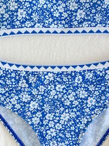 SHEIN Tween Girl Blue And White Small Ditsy Floral Bikini Set Set, Island Style Print, Vacation Style, Suitable For Spring And Summer, Outdoor Activities - Blue - View 7