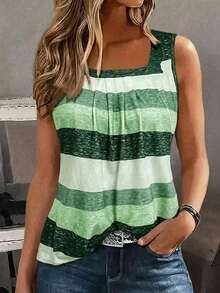 EMERY ROSE Holiday Casual Color Block Striped Tank Top Graphic Tees Women Tops - Mint Green - View 7