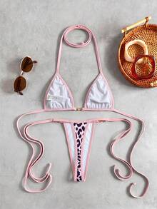 Swim Vcay 女款兩件式分開式熱帶性感豹紋掛脖三角比基尼上衣與側綁式泳褲，熱銷海灘度假休閒優雅情人節派對比基尼套裝 - 彩色 - 查看 3