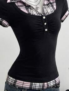 Elamini Women's Summer Casual Plaid Patchwork Shirt Collar 2 In 1 Short Sleeve Slim Fit T-Shirt - Black - View 6