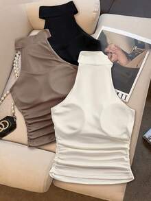 SHEIN Franclia ملابس علوية تانك صيفي من القطن الخالص محبوك مرن أنيق وعصري بدون أكمام برقبة هولتر مع أكواب مدمجة، مجموعة متعددة القطع متعددة الاستخدامات متوافقة مع كل شيء للنساء - متعدد الألوان - مشاهدة 3