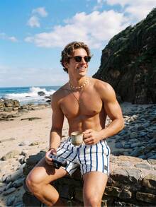 Solantero Swim Trunks For Men Drawstring Waist Security Pockets Lightweight 4-Way Stretch Letter Patches,Stripes For Resort Casual,Beach VacationWhite Fabric Non-Stretch Lined Beach Shorts,Hawaiian - White - View 4