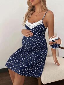 SHEIN Maternity Nursing Strap Dress With Floral Print And Lace Patchwork - Royal Blue - View 1