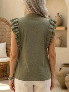 Balvessa Linen Military Green Top With Lace Patchwork, Flutter Sleeves And Ruffle Hem, Casual Elegant Commuter Blouse For Spring/Summer, Granny Style - Army Green - View 2