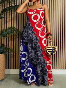 Villa Velisse Velvienne New Summer Spaghetti Strap Dress Geometric Colorful Placement Print All-Over Pattern Suitable For Daily Wear Outings Beach Vacation - Multicolor - View 4