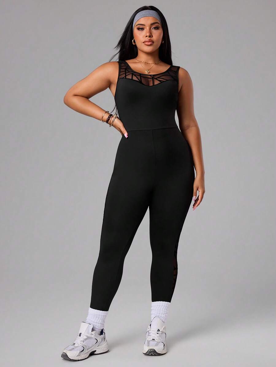 SHEIN Rhythm Era Plus Size Women Geometric Mesh Patchwork Jumpsuit - Black - View 1