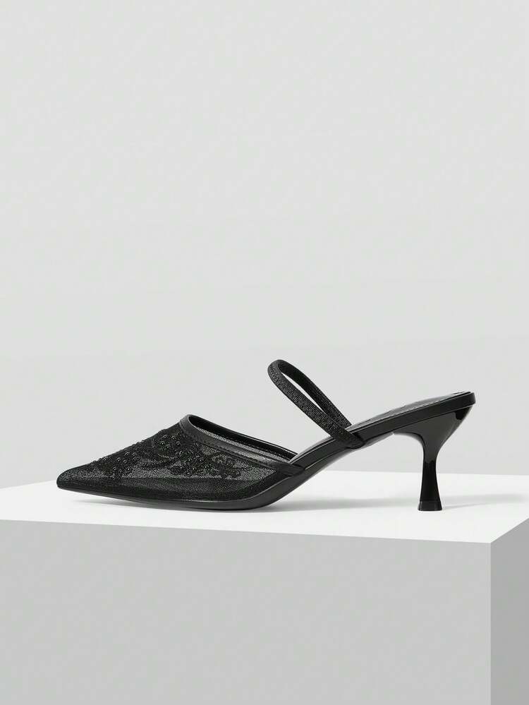 WOMEN'S SHOES SPRING AND SUMMER NEW POINTED BLACK MESH EMBROIDERED PEARL DECORATIVE FINE HEEL WITH HIGH HEEL SHOES