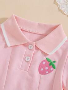 SHEIN 1件女嬰可愛粉色水果貼布對比領百褶短袖柔軟 Polo 連身裙 夏季日常派對公園春夏季洋裝 - 粉色 - 查看 7