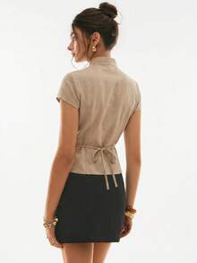 Poéselle Women's Casual Solid Color Hollow Lace-Up Blouse, Summer - Khaki - View 2