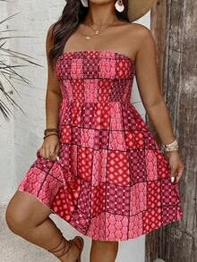SHEIN LUNE Plus Size Women's All-Over Print Casual Party Strapless Dress - Red - View 1