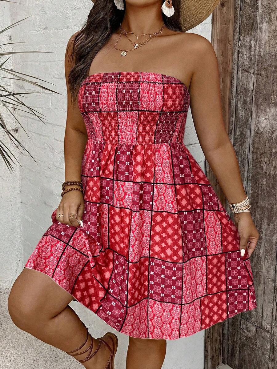 SHEIN LUNE Plus Size Women's All-Over Print Casual Party Strapless Dress - Red - View 1