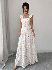 SHEIN Elenzya 女款春夏優雅碎花印花荷葉邊肩帶A字長洋裝，適合野餐、情人節約會、海灘聚會、旅行度假 - Pearl White - 查看 3
