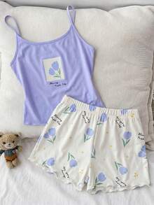 SHEIN Teen Girls Pajamas Casual Simple Slim Fit Camisole Top And Shorts Set, Suitable For Summer - Multicolor - View 1