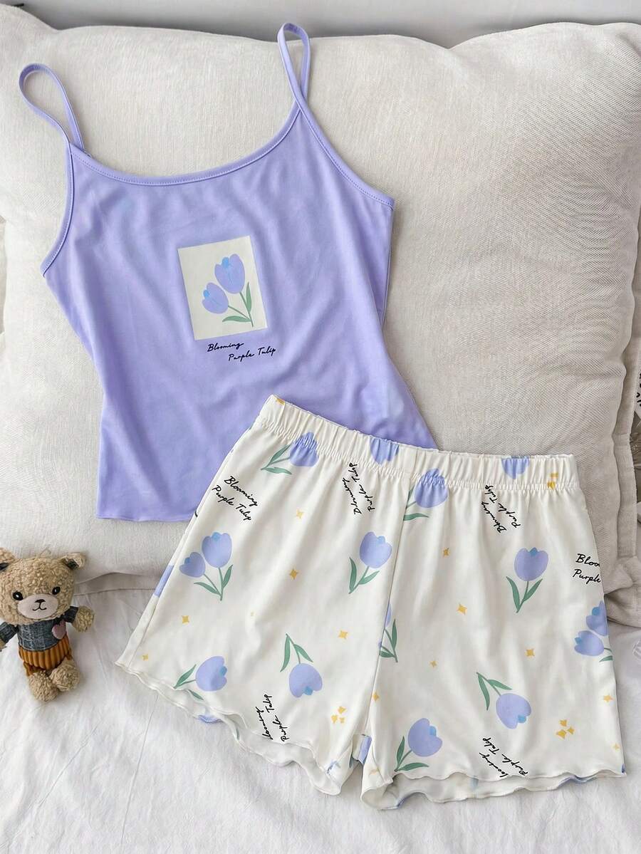 SHEIN Teen Girls Pajamas Casual Simple Slim Fit Camisole Top And Shorts Set, Suitable For Summer - Multicolor - View 1