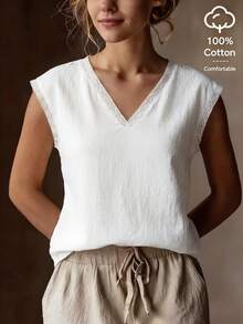SHEIN Women's Loose V-Neck Ruffle Trim Sleeveless Solid Color Cotton Tank Top, Suitable For Daily Wear, Casual, Holiday, And Commute - White - View 3