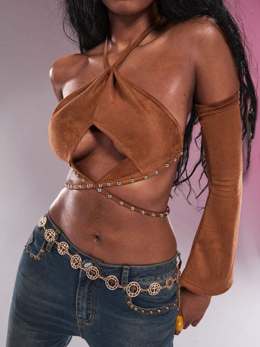 Modviera 女款素色鉚釘鏤空性感短版掛脖上衣 - 棕色 - 查看 1