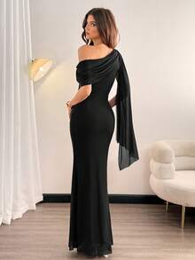 SHEIN Tall Đầm nữ thanh lịch màu trơn vai bất đối xứng, Đầm thanh lịch cho nữ, Đầm dạ hội, Đầm khách mời đám cưới mùa thu, Đầm khách mời đám cưới nữ - màu đen - Xem 3
