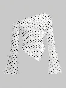 Firerie Kids Tween Girl Casual Daily Asymmetrical Shoulder Black And White Polka Dot Long Sleeve Fitted T-Shirt Top - Black and White - View 5