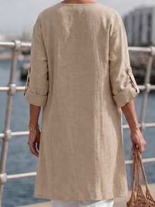 SHEIN LUNE V-Neck Half-Button Adjustable Rolled Sleeve Side Slit Long Shirt Blouse + White Elastic Waist Harem Pants Middle-Aged Women's Set - Multicolor - View 4