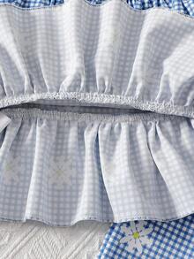 SHEIN Vintaside Kids 幼女雛菊印花格紋2件套套裝，可愛藍色格紋荷葉邊露肩上衣 & 寬鬆長褲套組，夏季休閒透氣兩件式女嬰服裝 1-6歲 - 藍色 - 查看 7