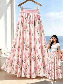 SHEIN PariChic Women's Floral Print Vacation A-Line Skirt Gentle Tulip Print Autumn Pink Elegant Casual Suitable For Holidays Workplace Daily Wear Graduation Party - Pink - View 7