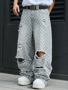 Manfinity EMRG Men's Casual Distressed Crochet Denim Jeans, Retro Gray Streetwear - Grey - View 7