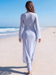 Veilorie Set Burkini Polos dan Konservatif untuk Liburan Pantai - Biru - View 4