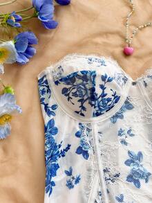 Soleia Women's Vacation Floral Print Contrast Lace Fashion Tube Top - Blue and White - View 3