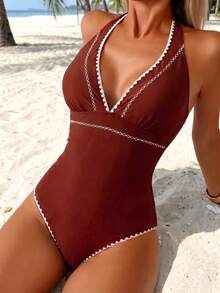 Swim Lushoire Women's Embroidered Trim Sexy Boho Casual V-Neck Halter One-Piece Swimsuit For Beach Vacation White Summer - Burgundy - View 1