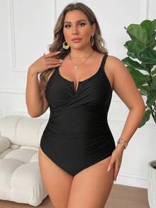 SHEIN CURVE+ Đồ bơi một mảnh cổ chữ V màu đen cho nữ size lớn - màu đen - Xem 4