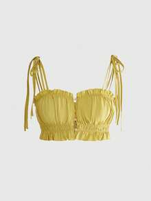 Sweetness Sweet Vacation Cotton Linen Fabric Cropped Camisole And Mini Skirt Set For Women, Spring/Summer - Yellow - View 5