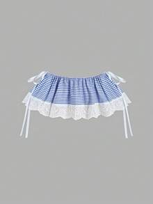 Sweetra Chân váy ngắn kiểu Pháp thanh lịch, lãng mạn, nữ tính với viền ren hoa và nơ ruy băng, chân váy đa năng dễ phối đồ cho mùa xuân/hè. - Xanh và trắng - Xem 1