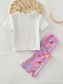 SHEIN Young Girl' White Ribbed Princess Graphic Short Sleeve Top And Pants Casual Outfit, Suitable For Outings And Gatherings - Purple - View 2