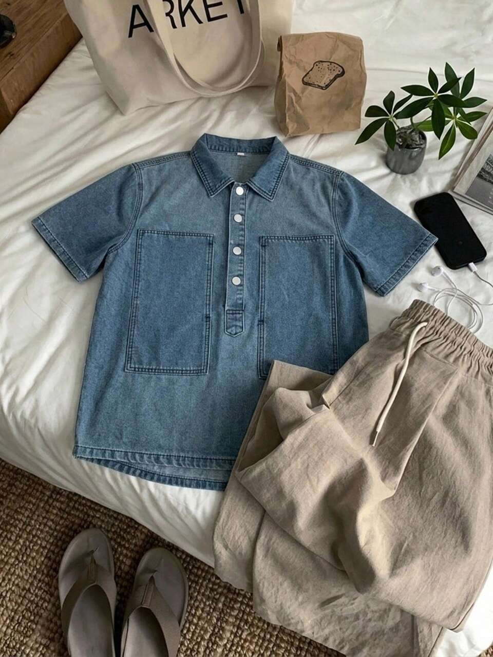 Washed Blue Short Sleeve Denim Shirt For Men