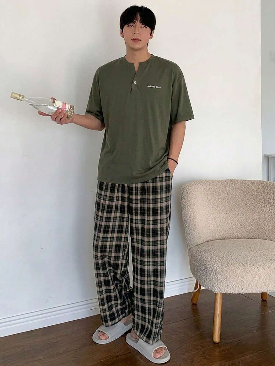 DAZY 男士夏季字母印花T恤與格紋長褲睡衣套裝 - 軍綠色 - 查看 1