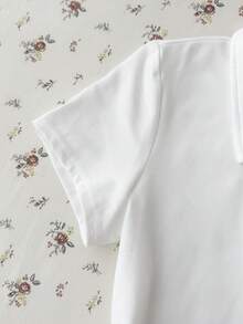青少年女孩 白色素色休閒簡約半拉鍊 Polo 領修身短袖 T-shirt - 白色 - 查看 5