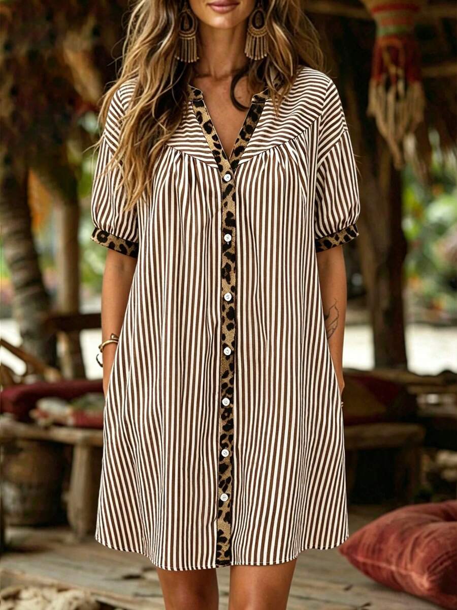 Linhara CURVE Große Größen Leopard Muster & Gestreiftes Patchwork Kleid mit Halbarm, geeignet für Büro, Urlaub und verschiedene Anlässe, Frühling/Sommer/Herbst - Braun - Übersicht 1