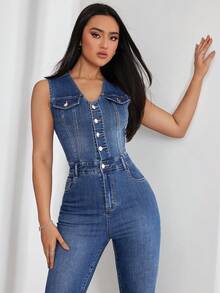 SHEIN Tall 女款休閒日常牛仔連身褲，附口袋，適合高個女性 - 藍色 - 查看 4